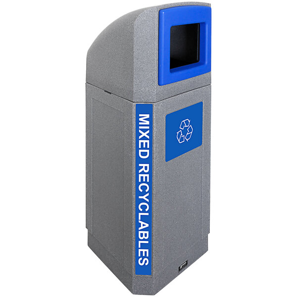 A grey rectangular Busch Systems outdoor recycling container with blue labels and a blue lid.