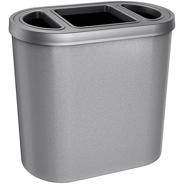 A gray powder-coated steel Busch Systems decorative waste receptacle with three compartments.