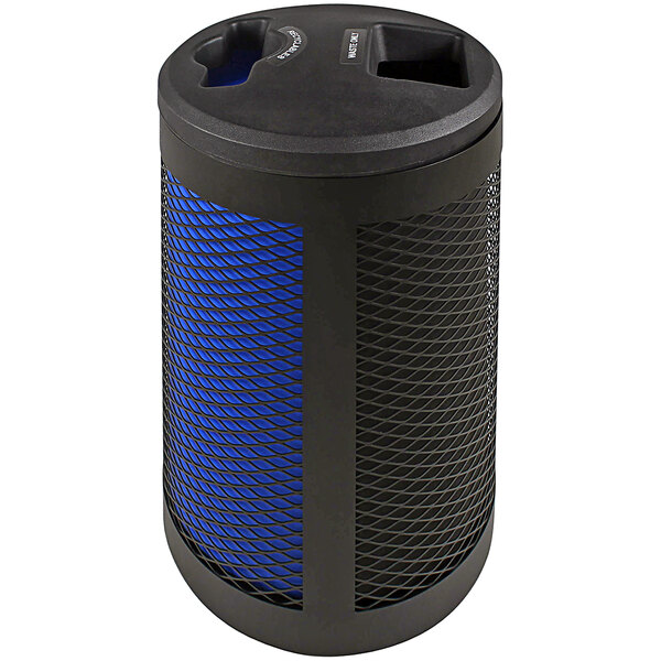A black and blue Busch Systems Toronto cylindrical steel trash can with two lids.