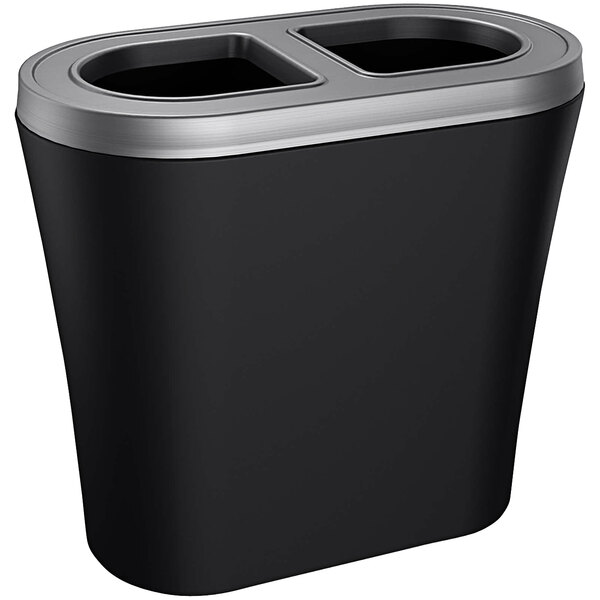 A black Busch Systems decorative waste receptacle with two compartments and silver accents.