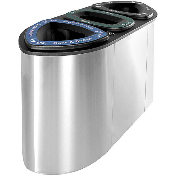 A stainless steel Busch Systems three stream trash receptacle.