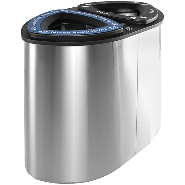 A silver stainless steel Busch Systems Boka mixed recycle and waste receptacle.