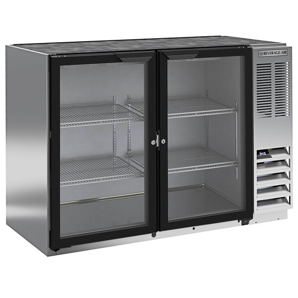A stainless steel Beverage-Air back bar refrigerator with sliding glass doors.