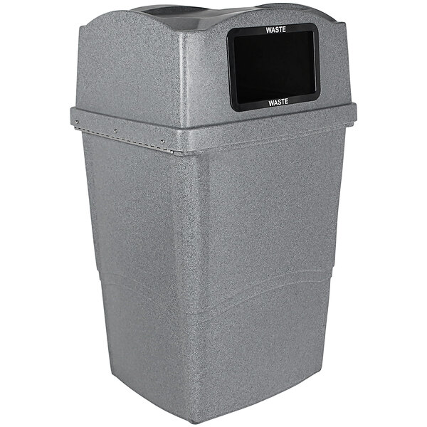 A grey Busch Systems decorative waste receptacle with a black lid.
