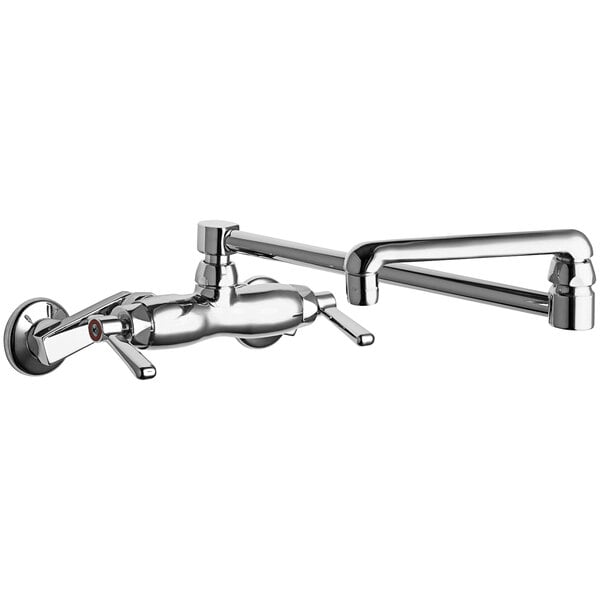 A Chicago Faucets wall-mounted faucet with a double-jointed swing spout and a handle.