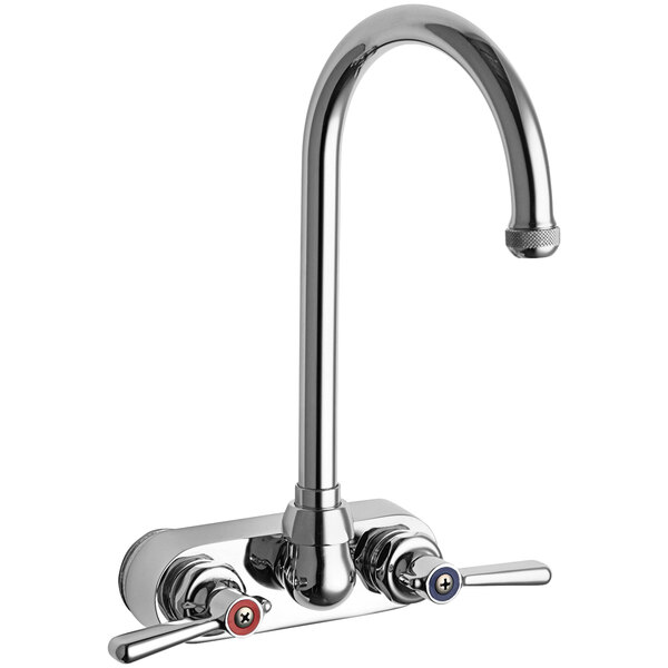 A silver Chicago Faucets wall-mounted faucet with two handles.
