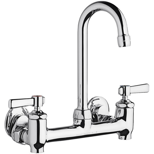 A silver Chicago Faucets wall-mounted faucet with adjustable centers and a swing gooseneck spout.