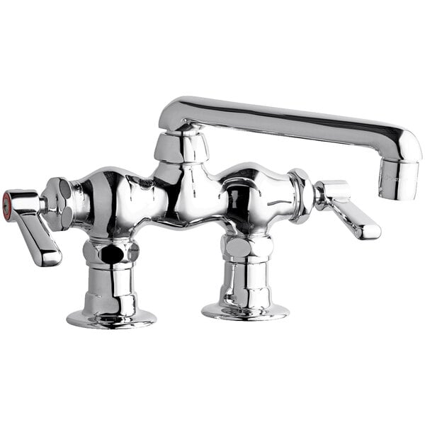 A Chicago Faucets deck-mounted faucet with two handles and a swing spout.