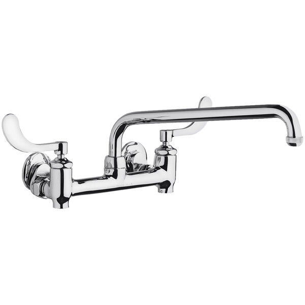 A Chicago Faucets chrome wall-mounted faucet with two wristblade handles and an L-type swing spout.