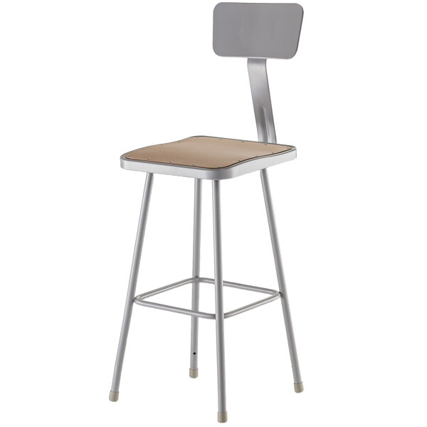 A National Public Seating gray hardboard lab stool with adjustable back and seat.