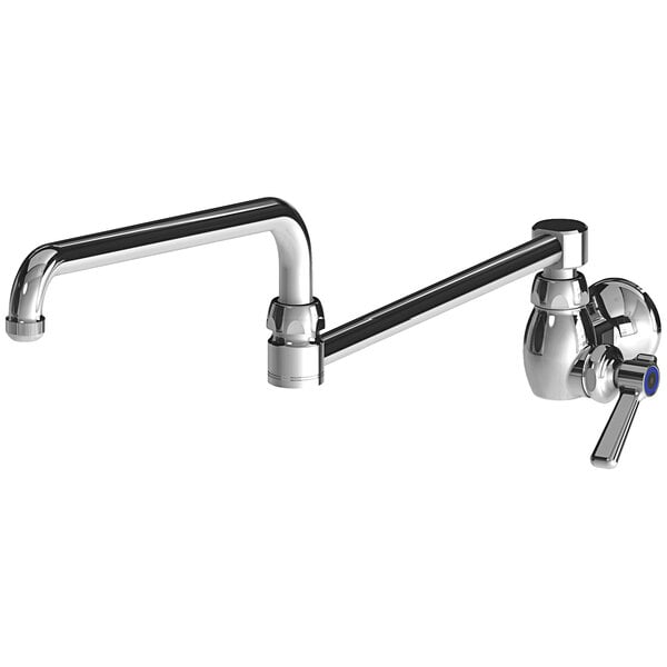 A close-up of a Chicago Faucets wall-mounted pot and kettle filler faucet with a chrome handle and hose.