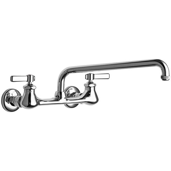 A chrome Chicago Faucets wall-mounted faucet with two L-type swing handles.