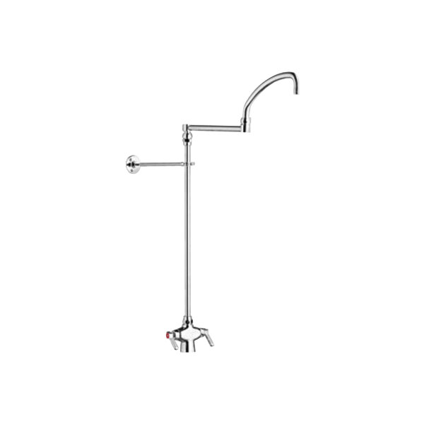 A Chicago Faucets deck-mounted pot and kettle filler with a silver double-jointed swing spout.