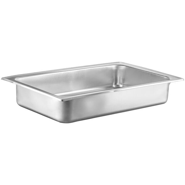 A stainless steel water pan for a Choice Deluxe chafer on a counter.
