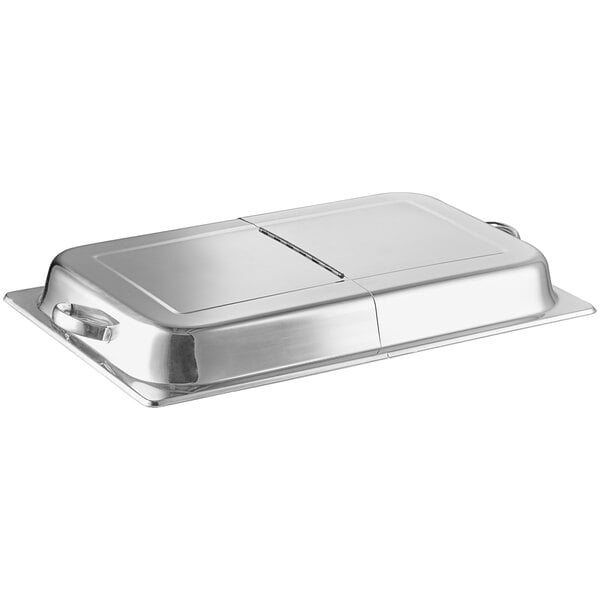 A silver rectangular Choice hinged chafer cover with two handles.
