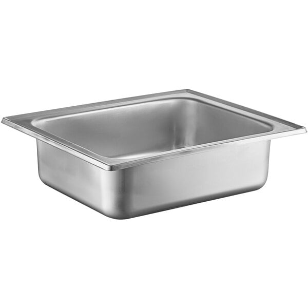 A stainless steel water pan with a square bottom.