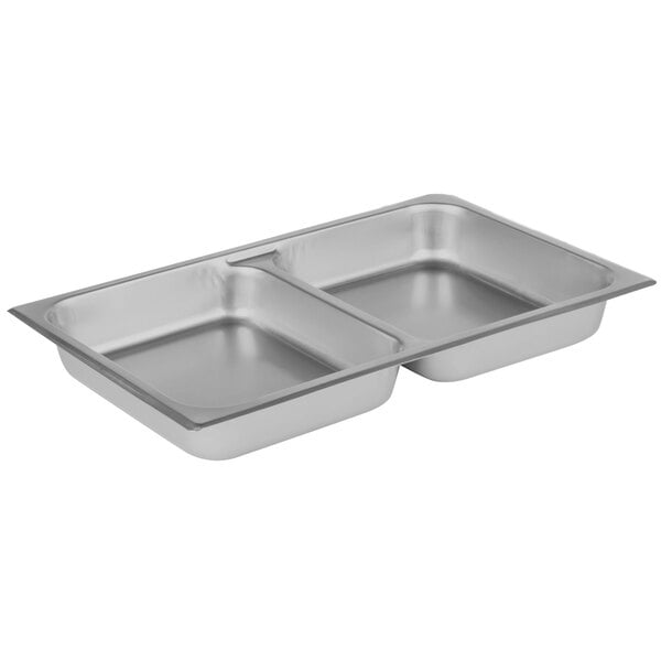 A silver Choice chafer divided food pan with two compartments.