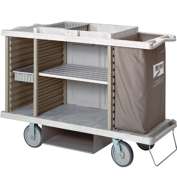 A white and grey Metro LXHK3-PLUS Lodgix Plus housekeeping cart with shelves.