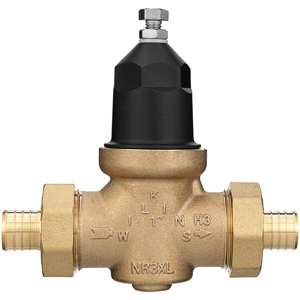 A Zurn brass water pressure reducing valve with mail tailpiece and a black cap.