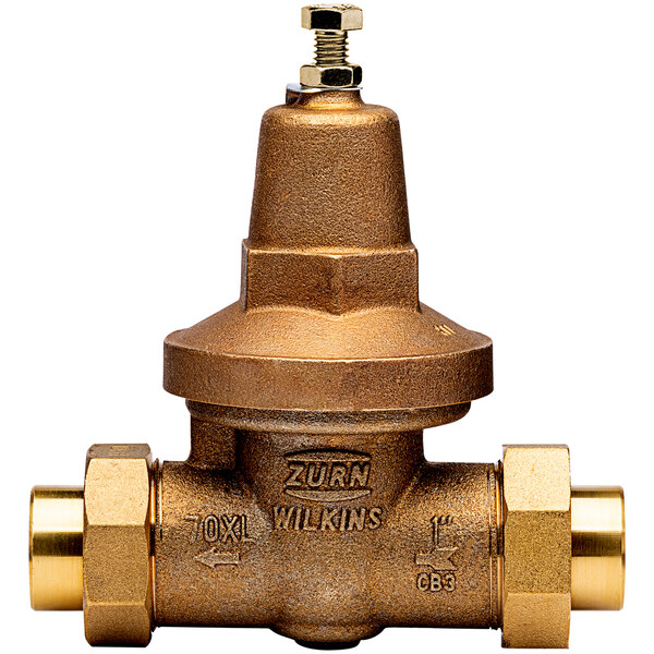 A Zurn water pressure reducing valve with double copper sweat union connections.