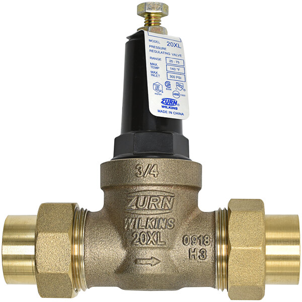 A Zurn brass water pressure reducing valve with a black and gold label.