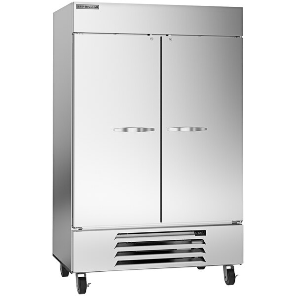 A silver Beverage-Air reach-in refrigerator with wheels.