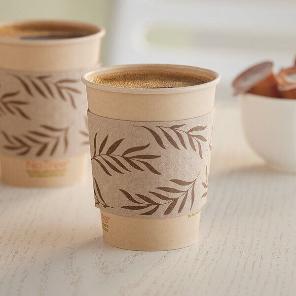 A World Centric coffee cup sleeve around two cups of coffee.