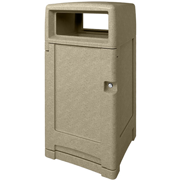 A Busch Systems sandstone plastic outdoor waste receptacle with a lid.