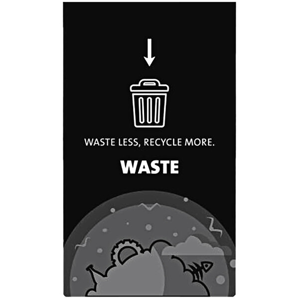 A white Busch Systems sign with black line drawings of a trash can and the words "Waste Less, Recycle More"