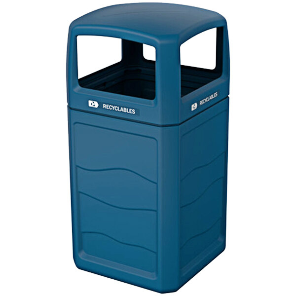 A blue Busch Systems Renegade 50 gallon decorative recycling receptacle.