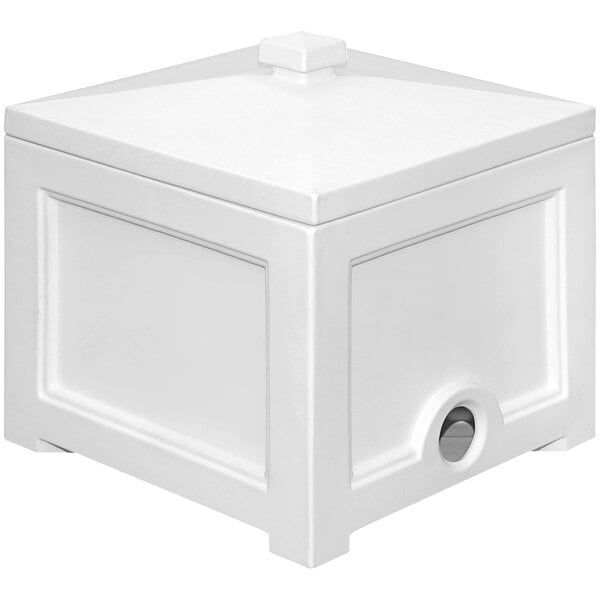 A white square garden hose bin with a round top.