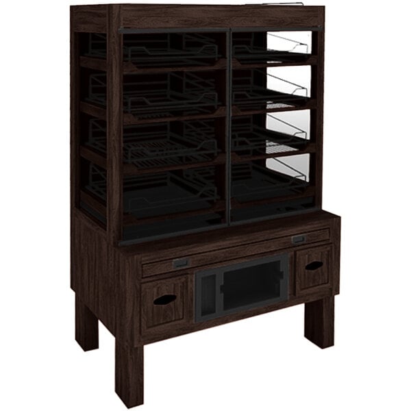 A Marco Company cocoa maple wood cabinet bakery display with shelves.