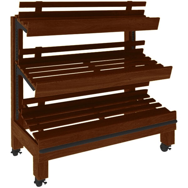 A brown wooden Marco Company bakery display shelf on wheels.