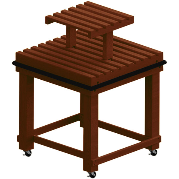 A Marco Company Select Cherry Slat Display Table with Riser, a wooden stand with a shelf.