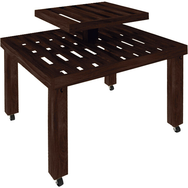 A Marco Company cocoa maple wood slat table with wheels.