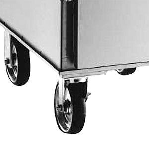 A close-up of a metal box with wheels and a stainless steel Alto-Shaam Caster Stand Assembly.