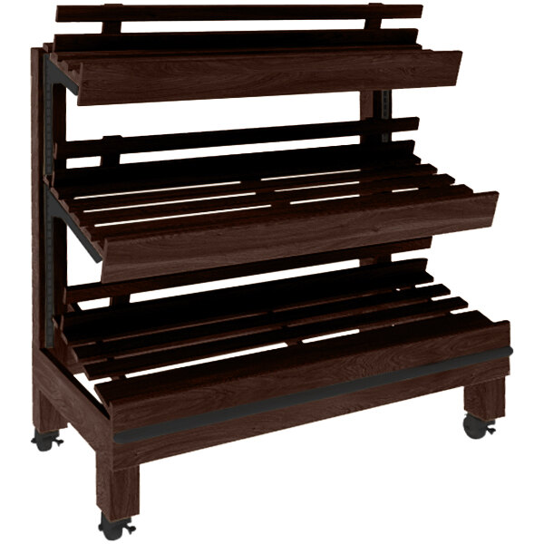 A brown wooden shelf with wheels.