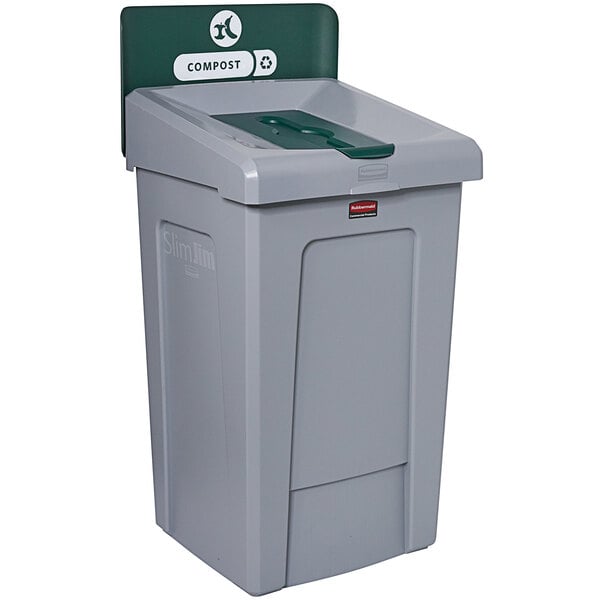 A gray Rubbermaid Slim Jim compost recycling station with a green lid.