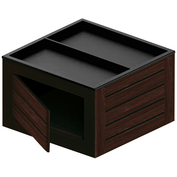 A black and brown rectangular produce display bin with a door open.