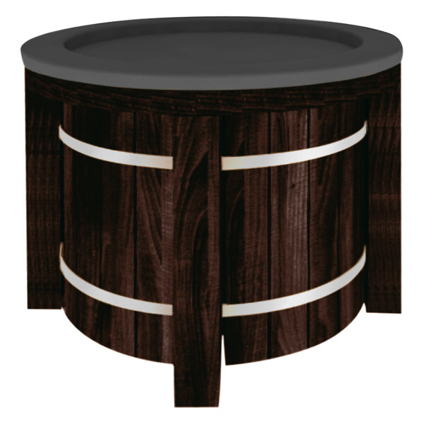 A Marco Company cocoa maple produce display bin with a black top on a white base.