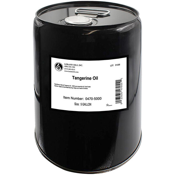 A black barrel with a white label that reads "LorAnn Oils All-Natural Tangerine Super Strength Flavor"