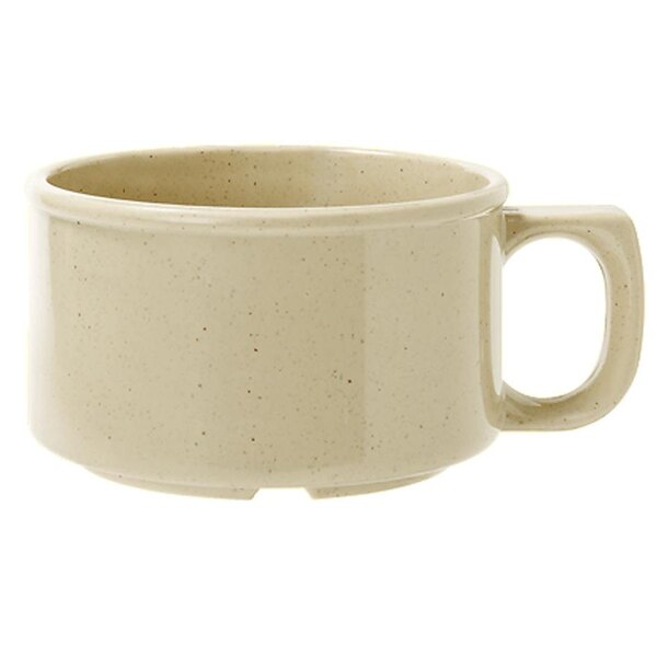 A beige melamine mug with a handle.