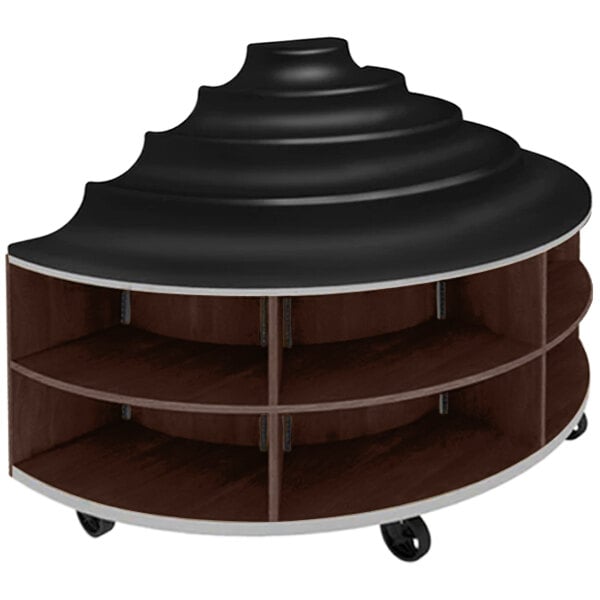 A round wooden shelf with a black top and wheels.