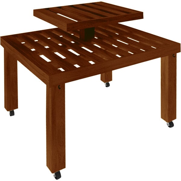 A Marco Company cherry wood slat table with wheels.