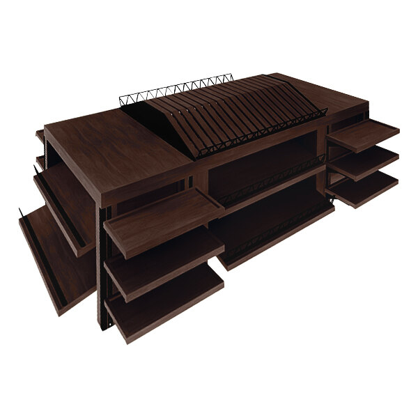 A brown wooden Marco Company Island Display Table with shelves on it.