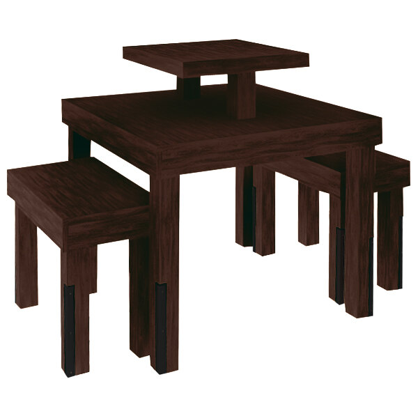 A Marco Company cocoa maple table with benches on top.
