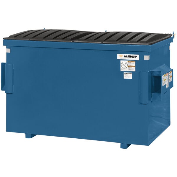 A blue Wastequip steel front end loading dumpster with a black lid.