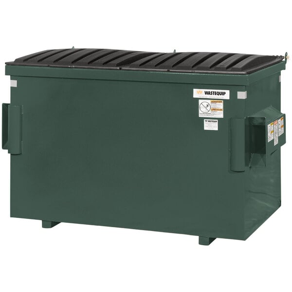 A green Wastequip dumpster with a black lid.