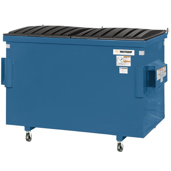 A blue Wastequip steel dumpster with casters.