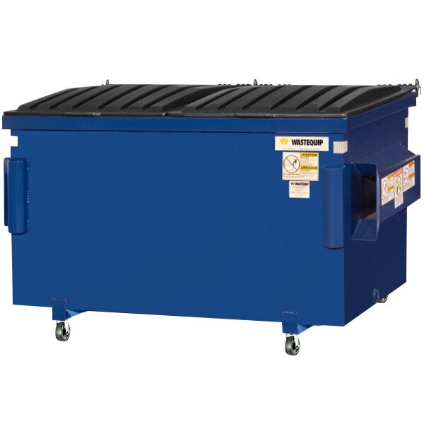 A blue Wastequip front end loading dumpster with casters.